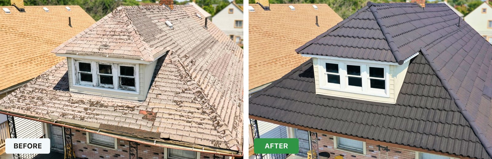 House with a finished coated metal roof. Brand project photo, not a guaranteed outcome.